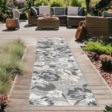 World Rug Gallery Contemporary Floral Indoor/Outdoor Runner Rug 2' x 7' Runner Gray 5566GRAY2X7
